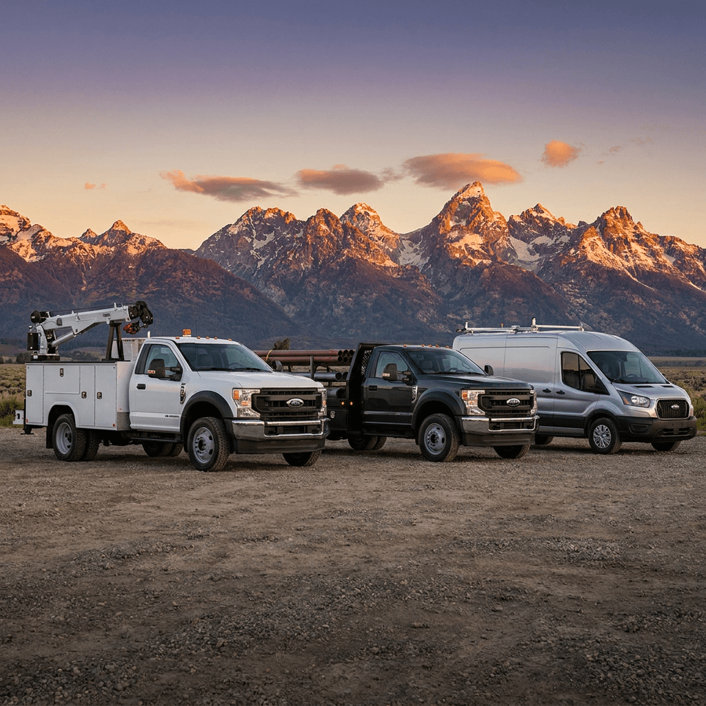 Fleet of professional commercial work trucks in Wyoming mountains under golden sunrise